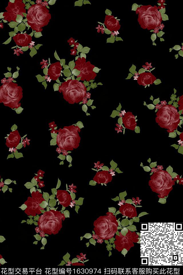 黑底花卉水彩花卉花卉数码印花华亿平台下载（图片编号: 1630974） - 瓦栏（Walan）