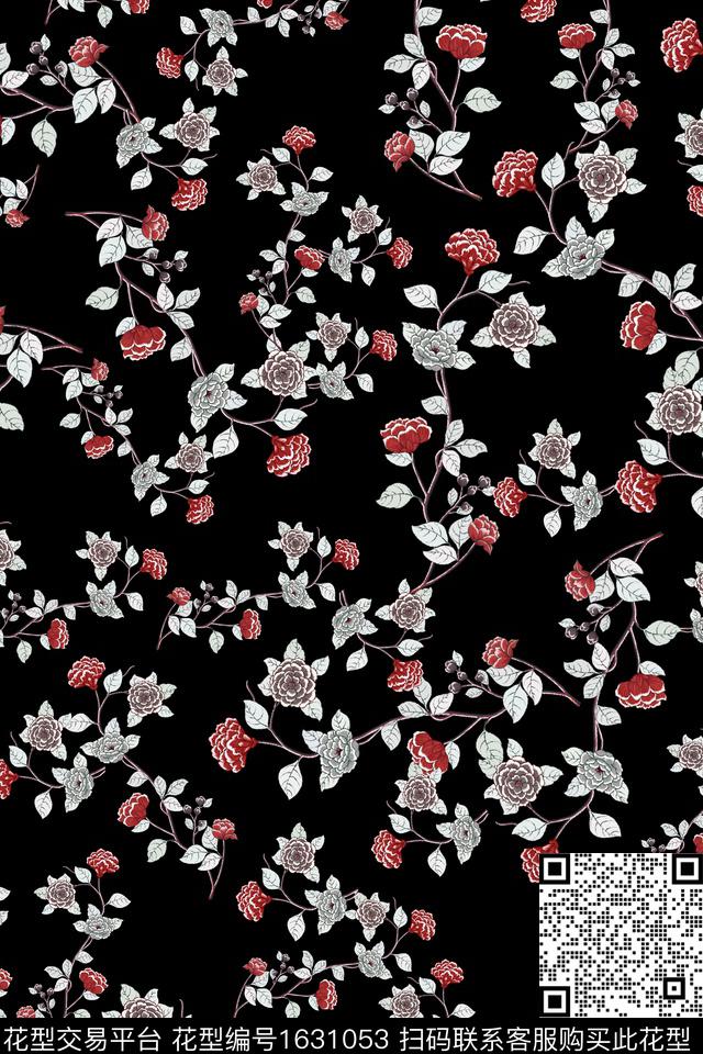 黑底花卉花卉小碎花数码印花华亿平台下载（图片编号: 1631053） - 瓦栏（Walan）