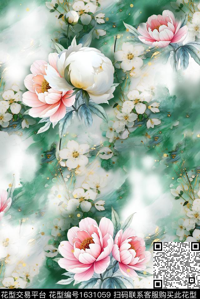 中国风花卉水彩背景数码印花华亿平台下载（图片编号: 1631059） - 瓦栏（Walan）
