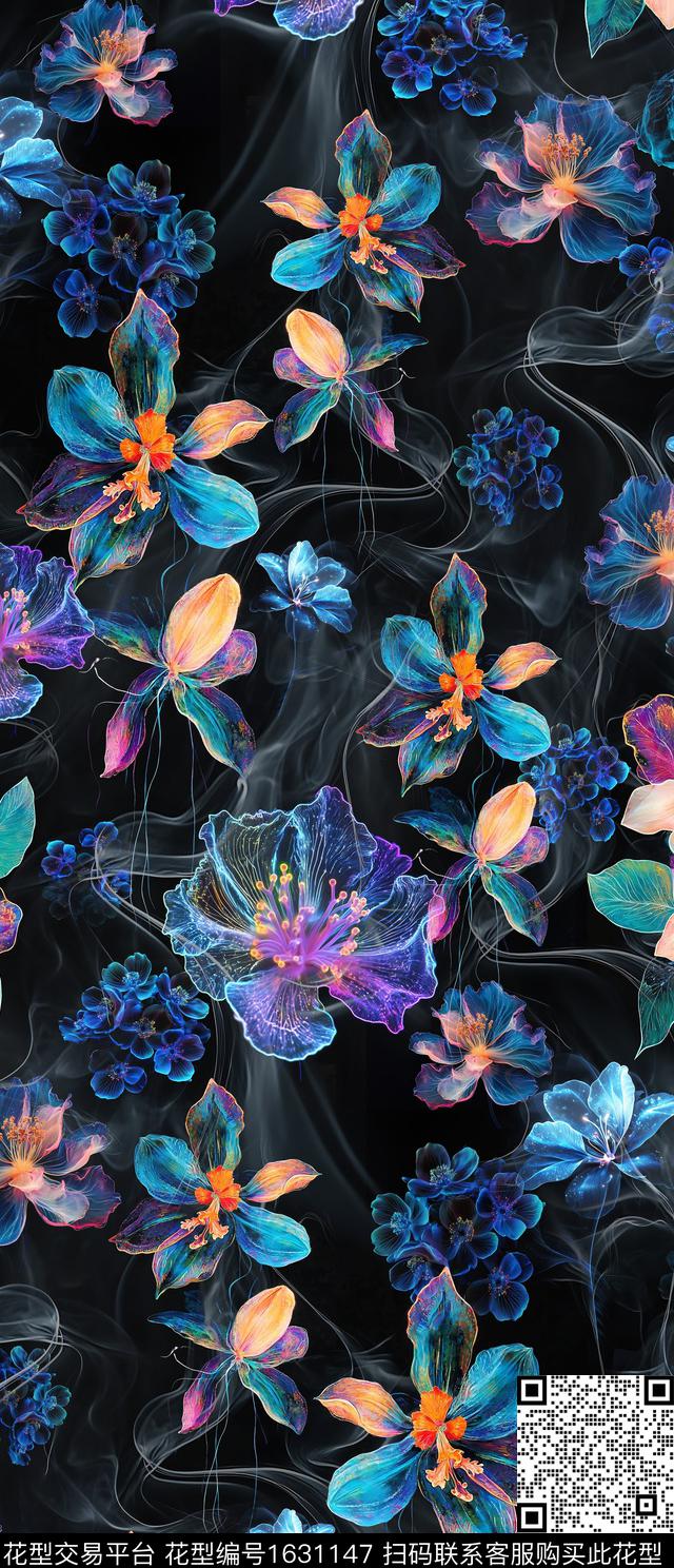 花卉黑底花卉抽象数码印花华亿平台下载（图片编号: 1631147） - 瓦栏（Walan）