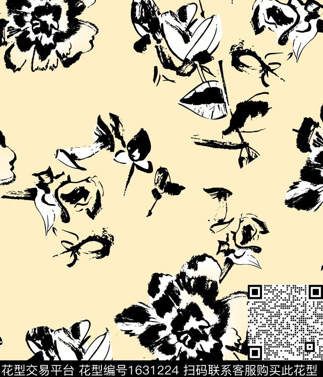 花卉黑白花卉抽象花卉数码印花华亿平台下载（图片编号: 1631224） - 瓦栏（Walan）