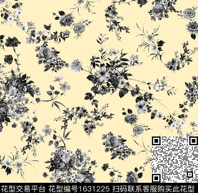 复古花卉黑白花卉数码印花华亿平台下载（图片编号: 1631225） - 瓦栏（Walan）