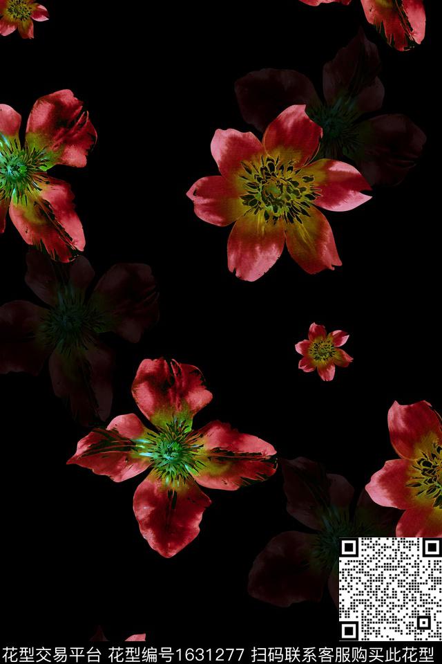黑底花卉花卉水彩花卉数码印花华亿平台下载（图片编号: 1631277） - 瓦栏（Walan）