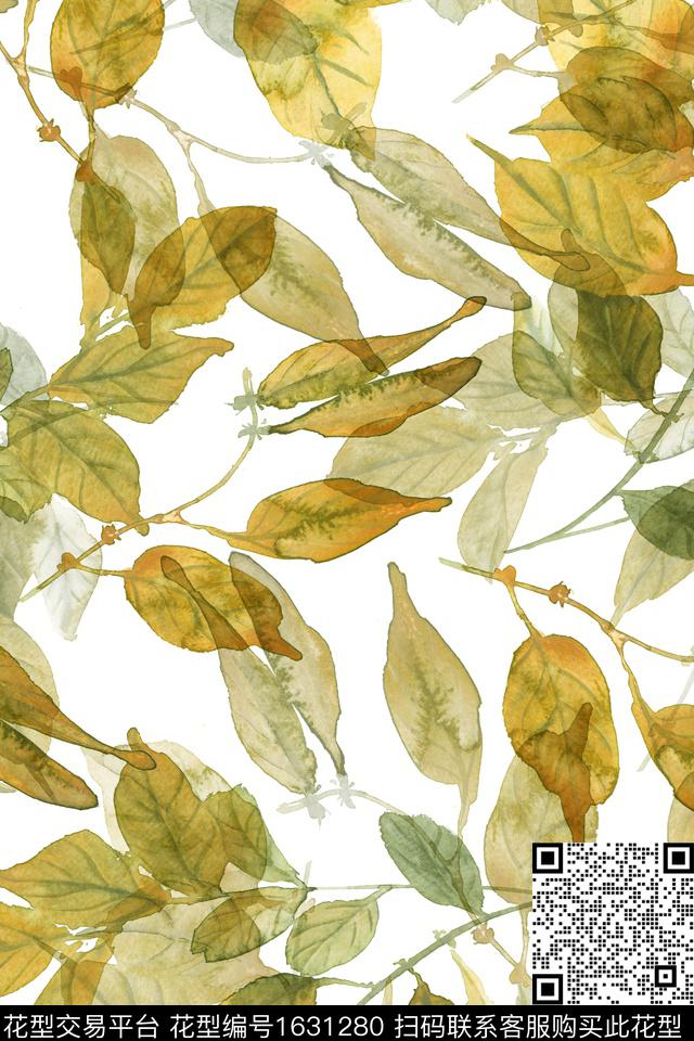 叶子水彩绿植树叶数码印花华亿平台下载（图片编号: 1631280） - 瓦栏（Walan）