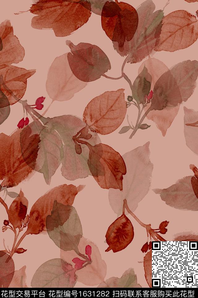 水彩叶子绿植树叶数码印花华亿平台下载（图片编号: 1631282） - 瓦栏（Walan）