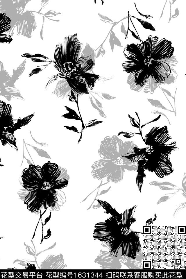花卉黑白花卉影花数码印花华亿平台下载（图片编号: 1631344） - 瓦栏（Walan）