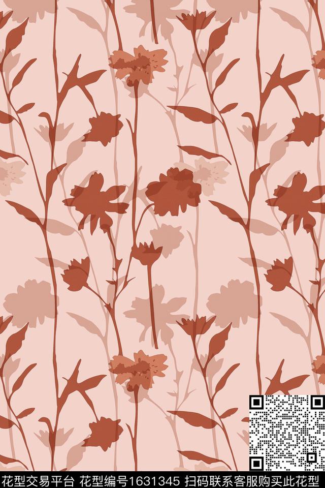 花卉剪影影花数码印花华亿平台下载（图片编号: 1631345） - 瓦栏（Walan）