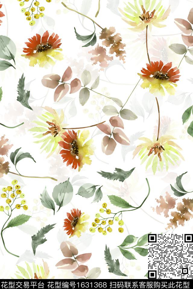 小清新水彩花卉影花数码印花华亿平台下载（图片编号: 1631368） - 瓦栏（Walan）