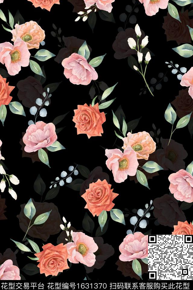 黑底花卉水彩花卉影花数码印花华亿平台下载（图片编号: 1631370） - 瓦栏（Walan）
