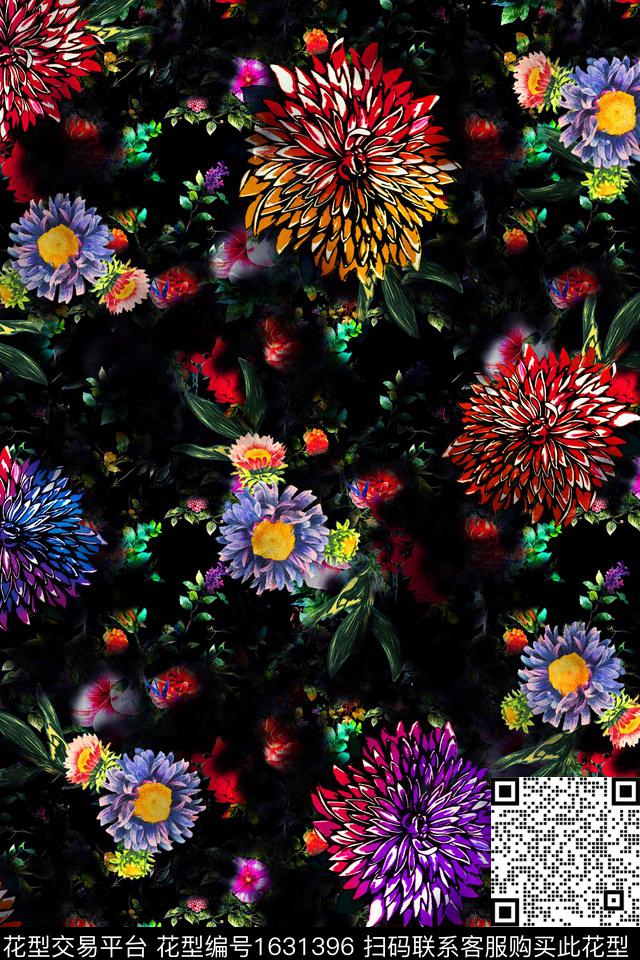 黑底花卉花卉中老年数码印花华亿平台下载（图片编号: 1631396） - 瓦栏（Walan）