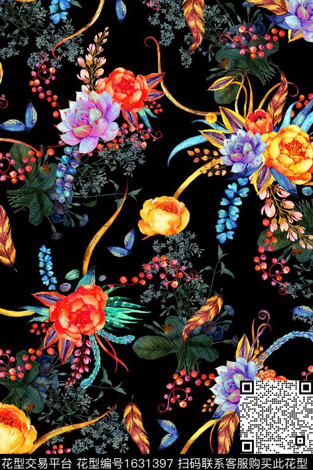 黑底花卉花卉中老年数码印花华亿平台下载（图片编号: 1631397） - 瓦栏（Walan）