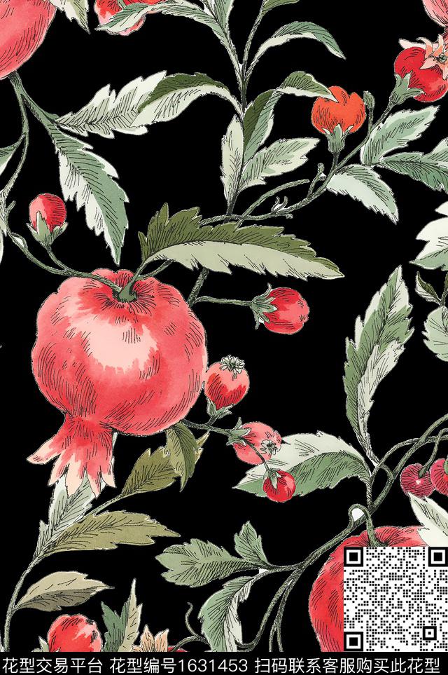 水果石榴黑底数码印花华亿平台下载（图片编号: 1631453） - 瓦栏（Walan）