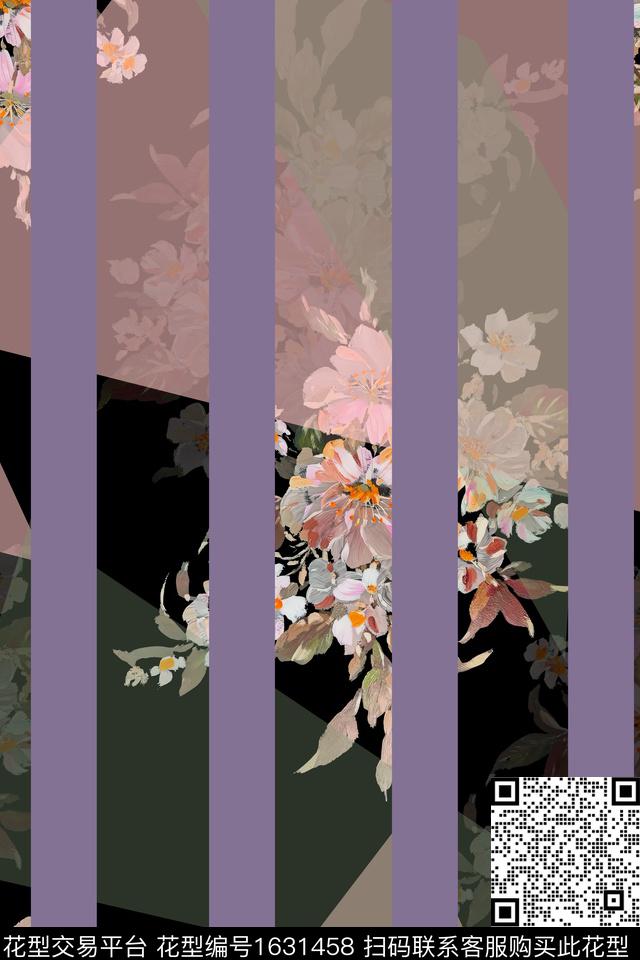 条纹几何花卉数码印花华亿平台下载（图片编号: 1631458） - 瓦栏（Walan）
