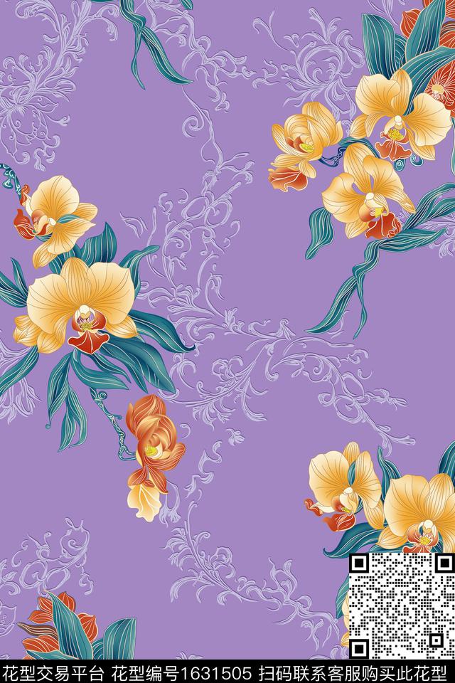 花卉卷草中国风数码印花华亿平台下载（图片编号: 1631505） - 瓦栏（Walan）
