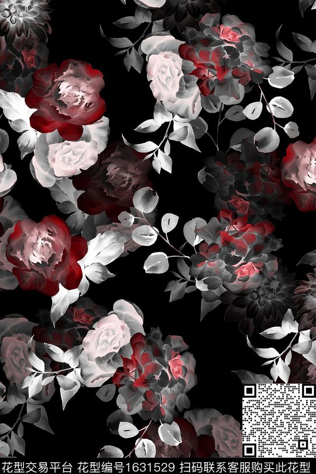 黑底花卉水彩花卉影花数码印花华亿平台下载（图片编号: 1631529） - 瓦栏（Walan）