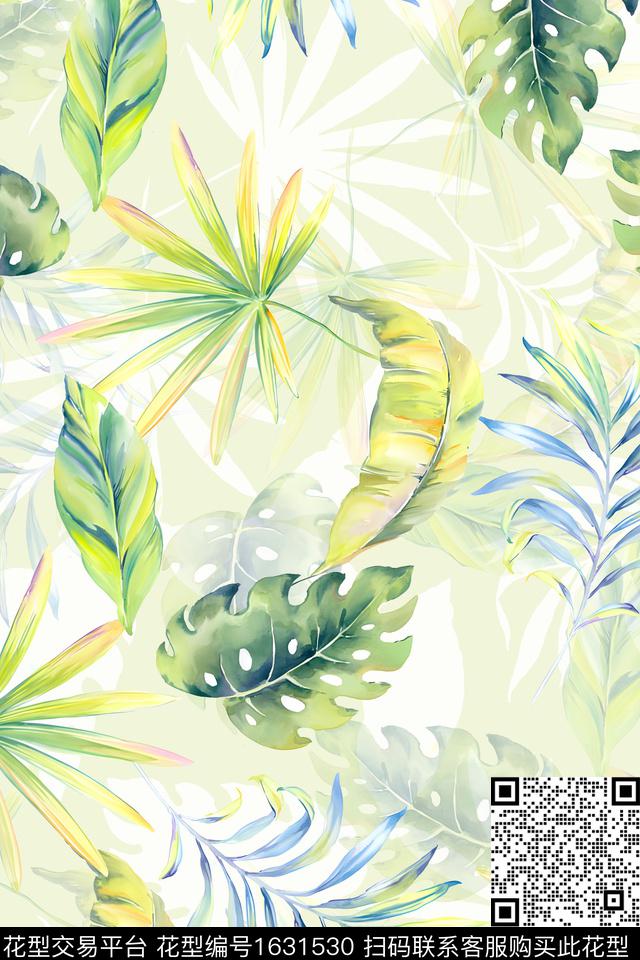 小清新水彩叶子数码印花华亿平台下载（图片编号: 1631530） - 瓦栏（Walan）