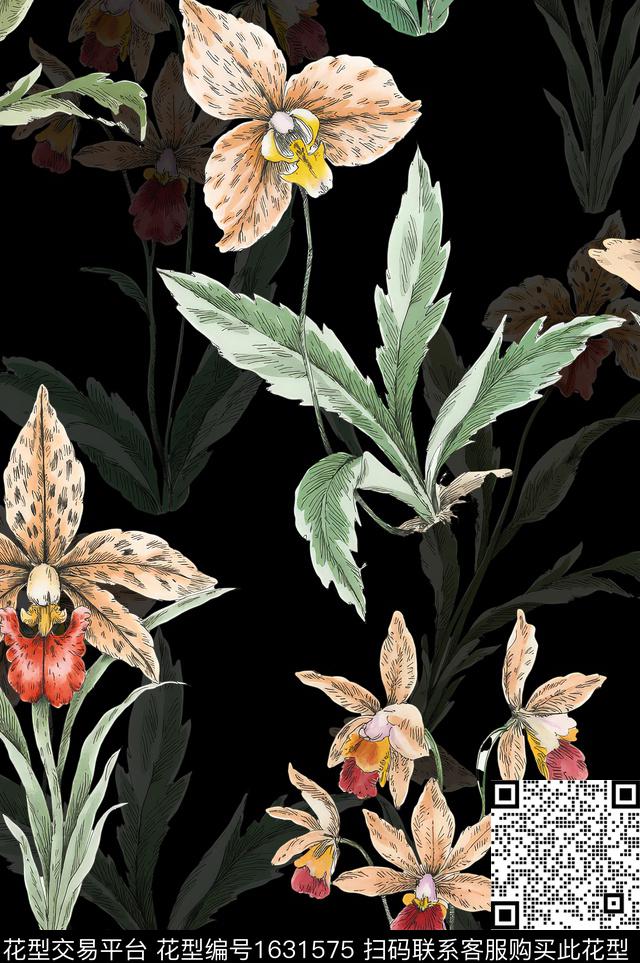 黑底花卉水彩花卉影花数码印花华亿平台下载（图片编号: 1631575） - 瓦栏（Walan）