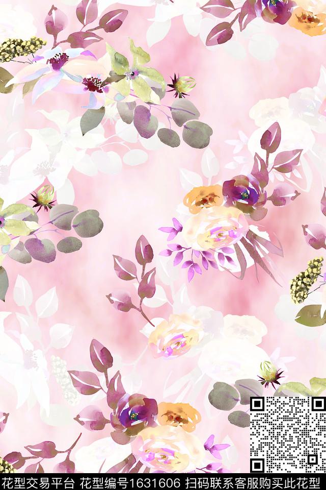 水彩花卉影花花卉数码印花华亿平台下载（图片编号: 1631606） - 瓦栏（Walan）