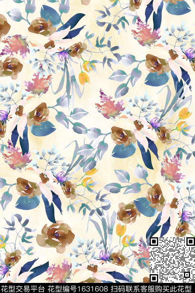 水彩花卉满版散花花卉数码印花华亿平台下载（图片编号: 1631608） - 瓦栏（Walan）