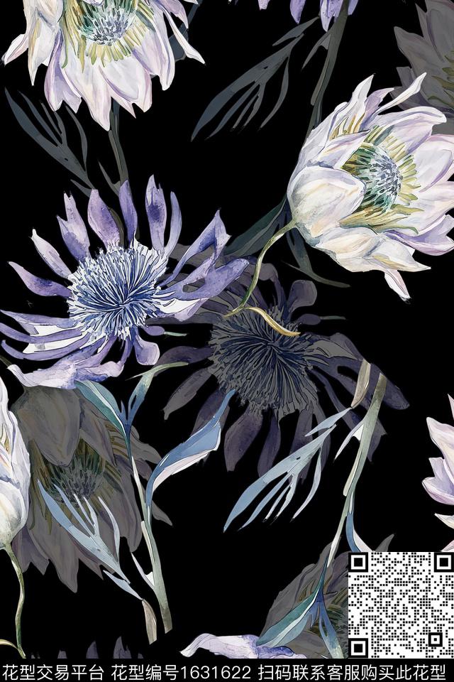 水彩花卉大花黑底花卉数码印花华亿平台下载（图片编号: 1631622） - 瓦栏（Walan）