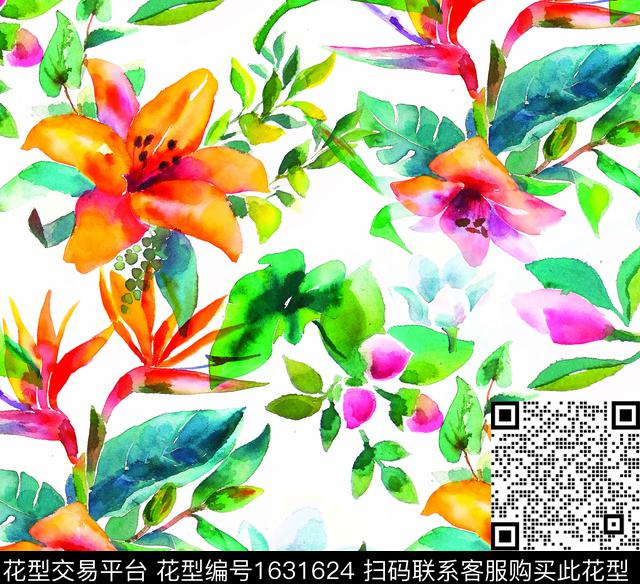 花卉水彩花卉白底花数码印花华亿平台下载（图片编号: 1631624） - 瓦栏（Walan）