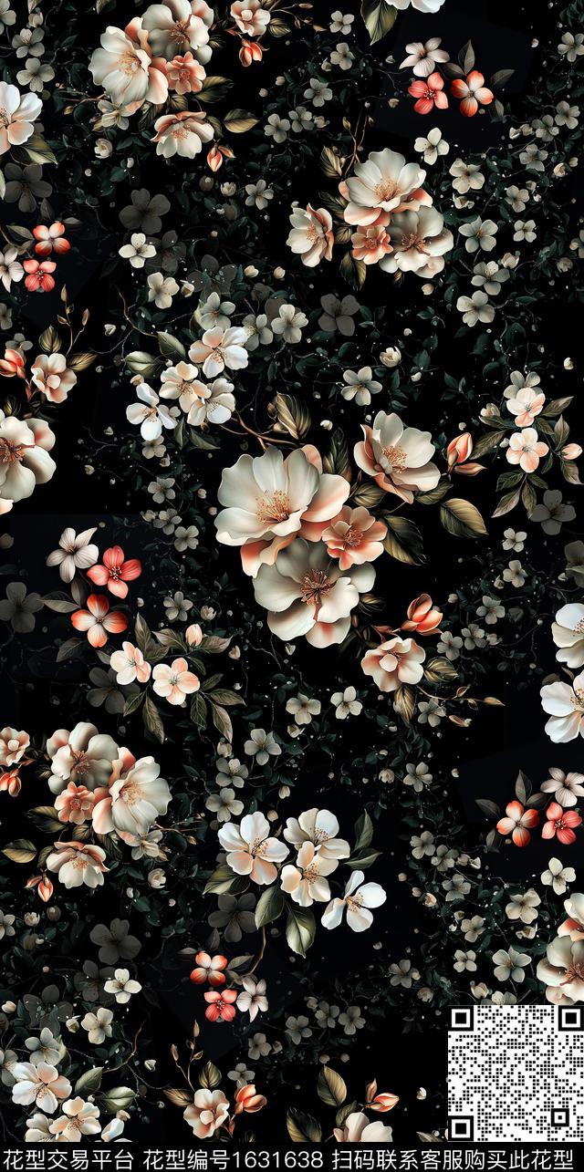 风格化花卉黑底花卉花卉数码印花华亿平台下载（图片编号: 1631638） - 瓦栏（Walan）
