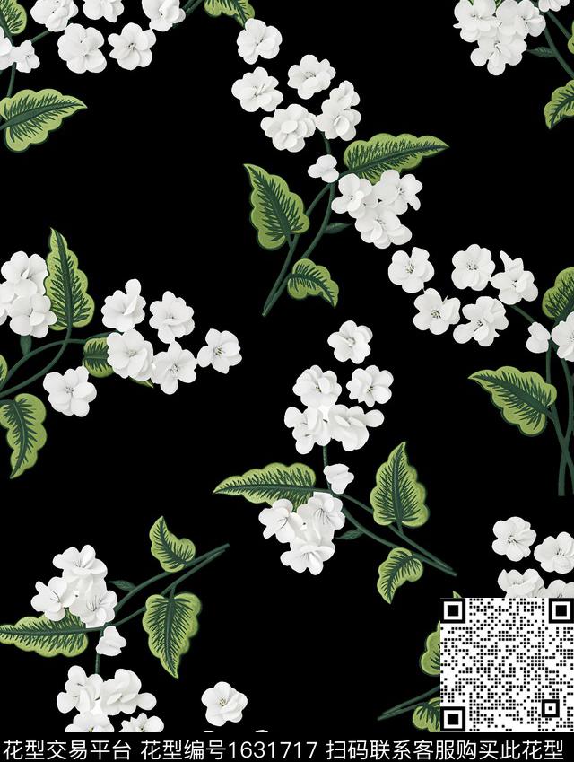 绿植树叶花卉黑底花卉数码印花华亿平台下载（图片编号: 1631717） - 瓦栏（Walan）