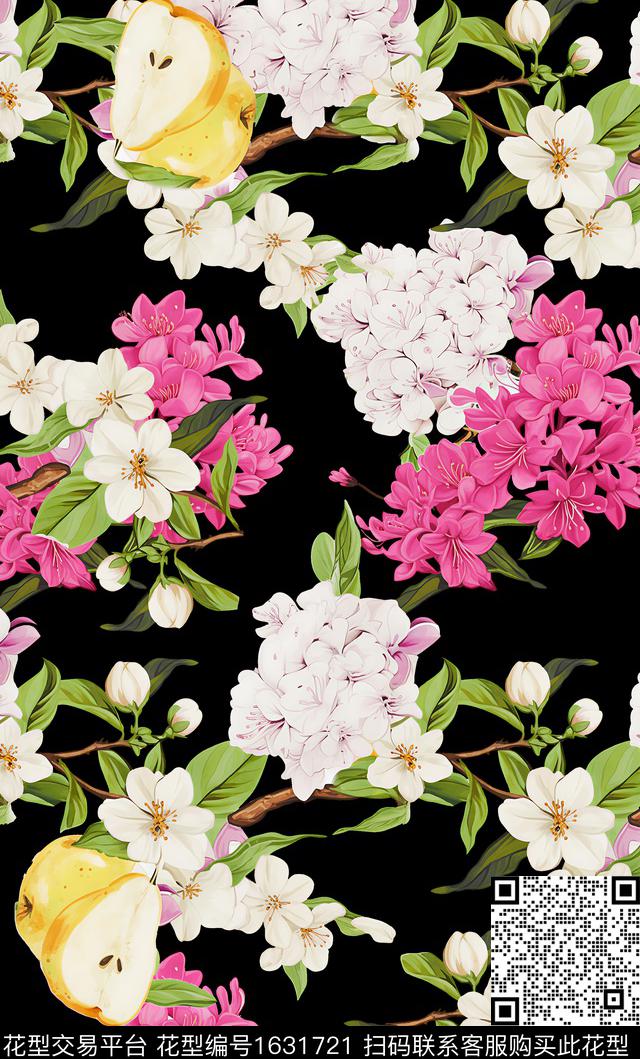 花卉黑底花卉梨数码印花华亿平台下载（图片编号: 1631721） - 瓦栏（Walan）