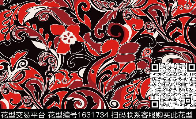 抽象卷草纹传统印花华亿平台下载（图片编号: 1631734） - 瓦栏（Walan）