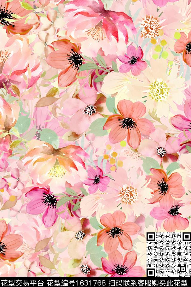 花卉水彩花卉满版散花数码印花华亿平台下载（图片编号: 1631768） - 瓦栏（Walan）