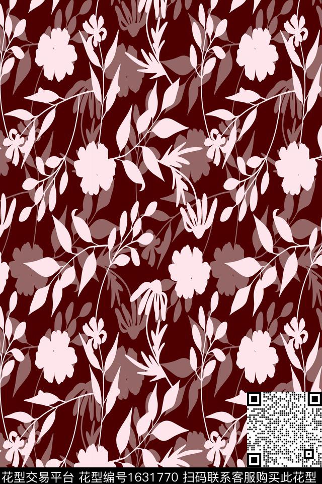 花卉剪影影花数码印花华亿平台下载（图片编号: 1631770） - 瓦栏（Walan）