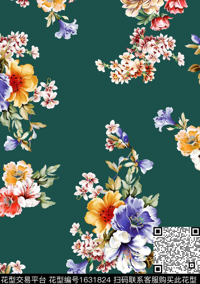 花卉水彩花卉清爽底花卉数码印花华亿平台下载（图片编号: 1631824） - 瓦栏（Walan）