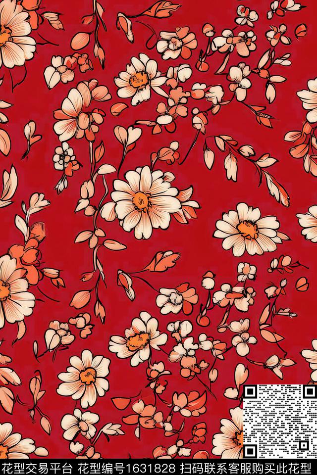 花卉红色系小碎花数码印花华亿平台下载（图片编号: 1631828） - 瓦栏（Walan）