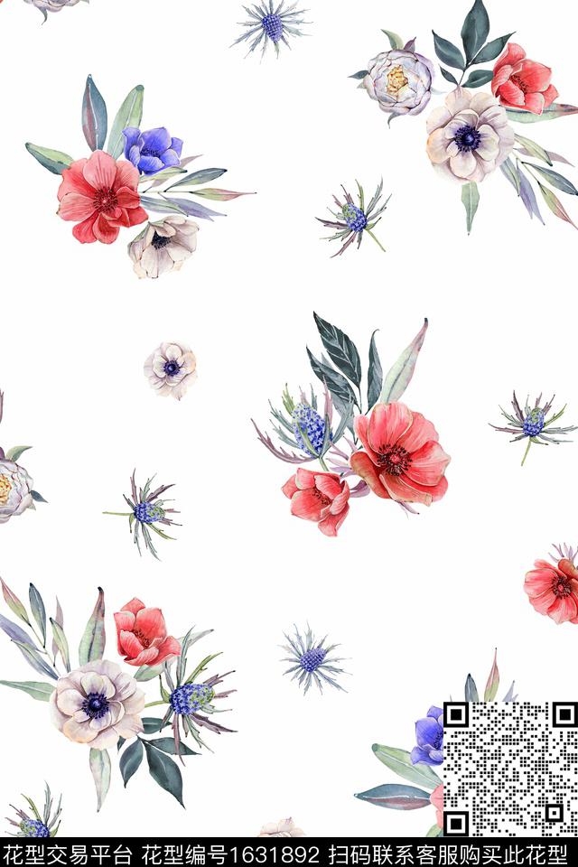 年轻女装白底花花卉数码印花华亿平台下载（图片编号: 1631892） - 瓦栏（Walan）