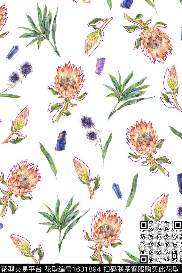 年轻女装白底花花卉数码印花华亿平台下载（图片编号: 1631894） - 瓦栏（Walan）