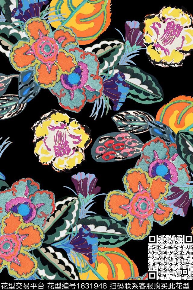 花卉黑底花卉抽象花卉数码印花华亿平台下载（图片编号: 1631948） - 瓦栏（Walan）