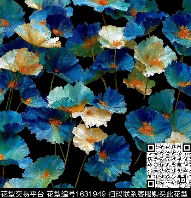 中国风荷叶黑底花卉数码印花华亿平台下载（图片编号: 1631949） - 瓦栏（Walan）