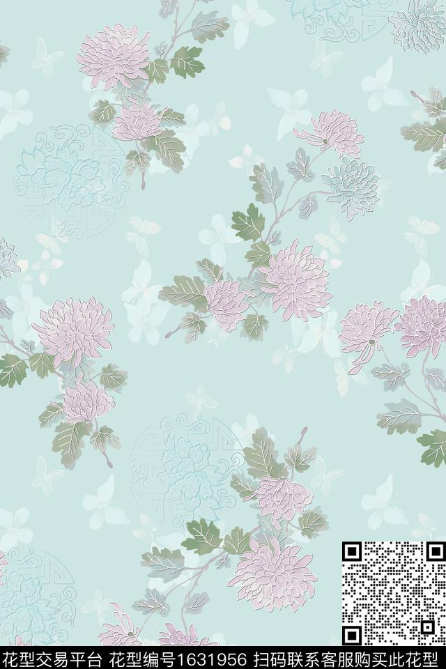 中国风花卉蝴蝶数码印花华亿平台下载（图片编号: 1631956） - 瓦栏（Walan）