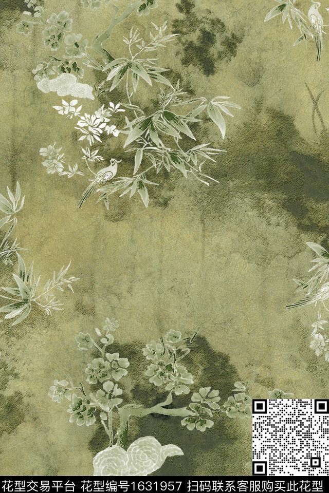 中国风竹叶花鸟数码印花华亿平台下载（图片编号: 1631957） - 瓦栏（Walan）