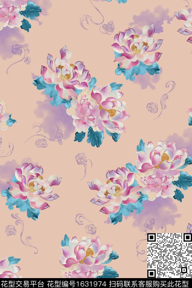中国风花卉荷花数码印花华亿平台下载（图片编号: 1631974） - 瓦栏（Walan）