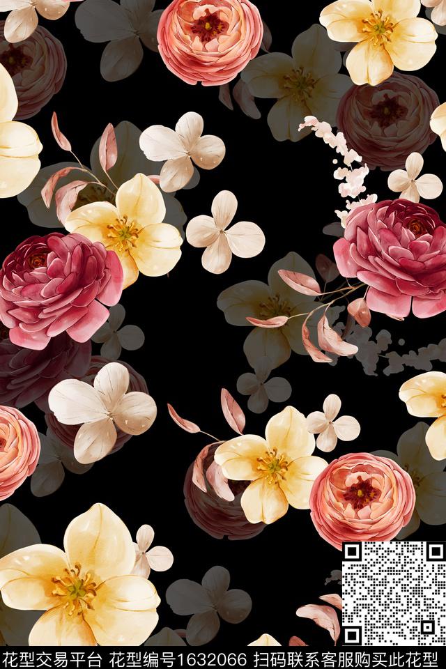 影花黑底花卉水彩花卉数码印花华亿平台下载（图片编号: 1632066） - 瓦栏（Walan）