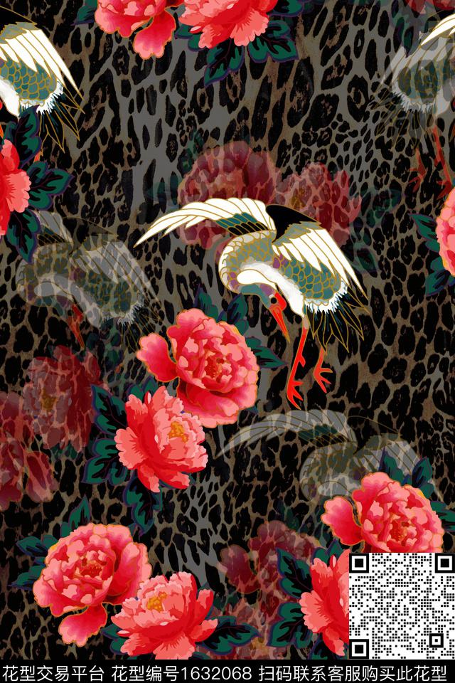 中国风仙鹤豹纹数码印花华亿平台下载（图片编号: 1632068） - 瓦栏（Walan）