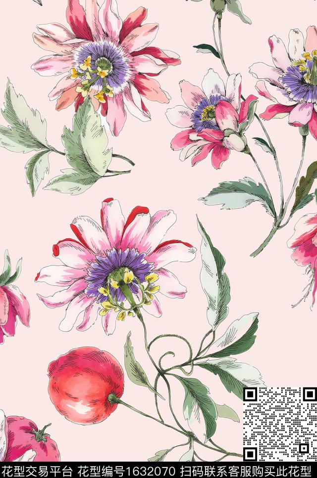 花卉水彩花卉年轻女装数码印花华亿平台下载（图片编号: 1632070） - 瓦栏（Walan）