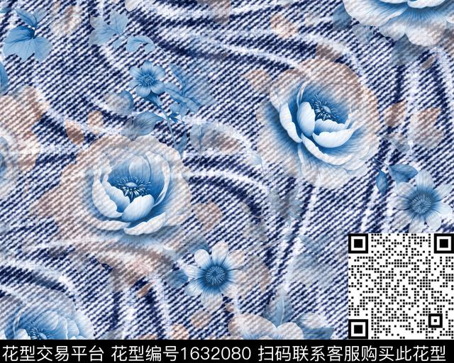 牛仔布纹花卉数码印花华亿平台下载（图片编号: 1632080） - 瓦栏（Walan）