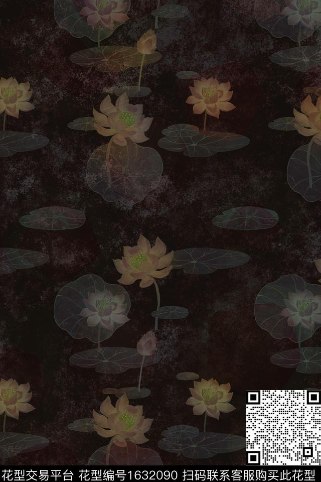 中国风黑底花卉荷花数码印花华亿平台下载（图片编号: 1632090） - 瓦栏（Walan）