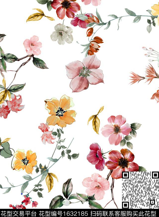 水彩花卉白底花小清新数码印花华亿平台下载（图片编号: 1632185） - 瓦栏（Walan）