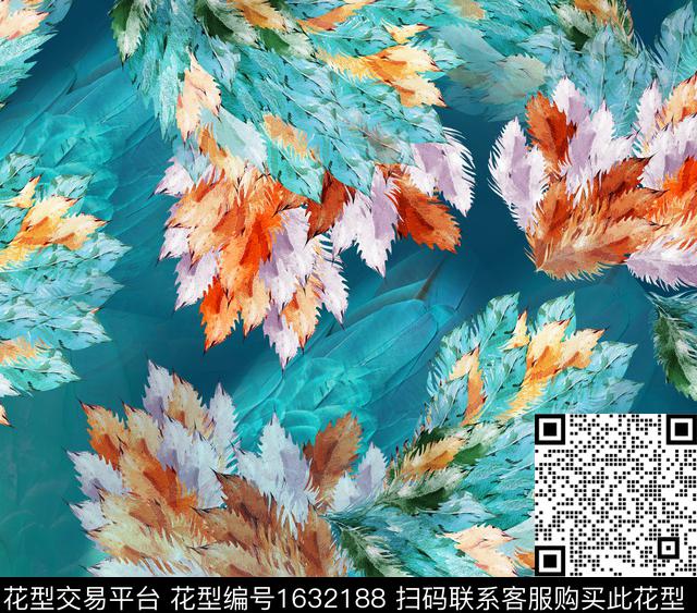 抽象叶子羽毛数码印花华亿平台下载（图片编号: 1632188） - 瓦栏（Walan）