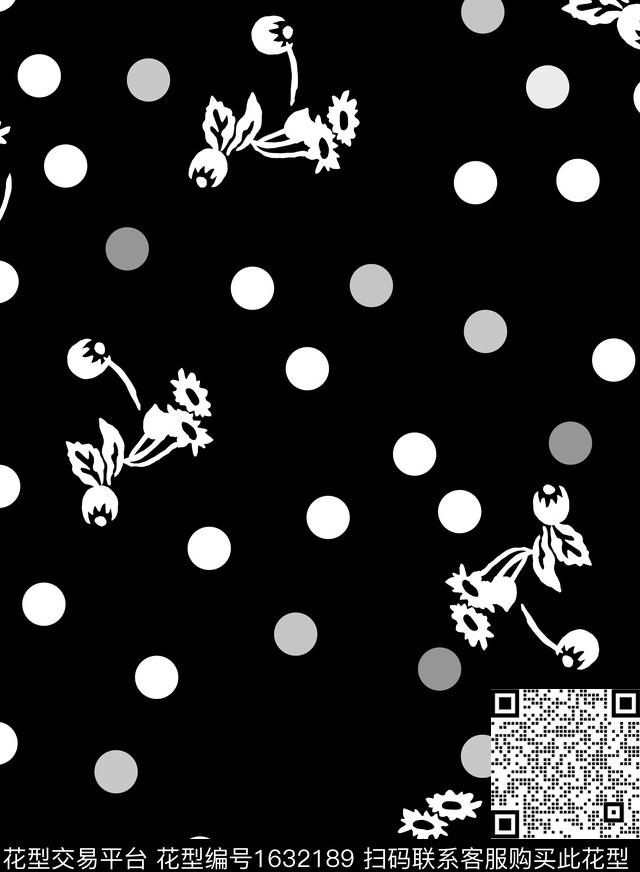 黑白花卉波点传统印花华亿平台下载（图片编号: 1632189） - 瓦栏（Walan）