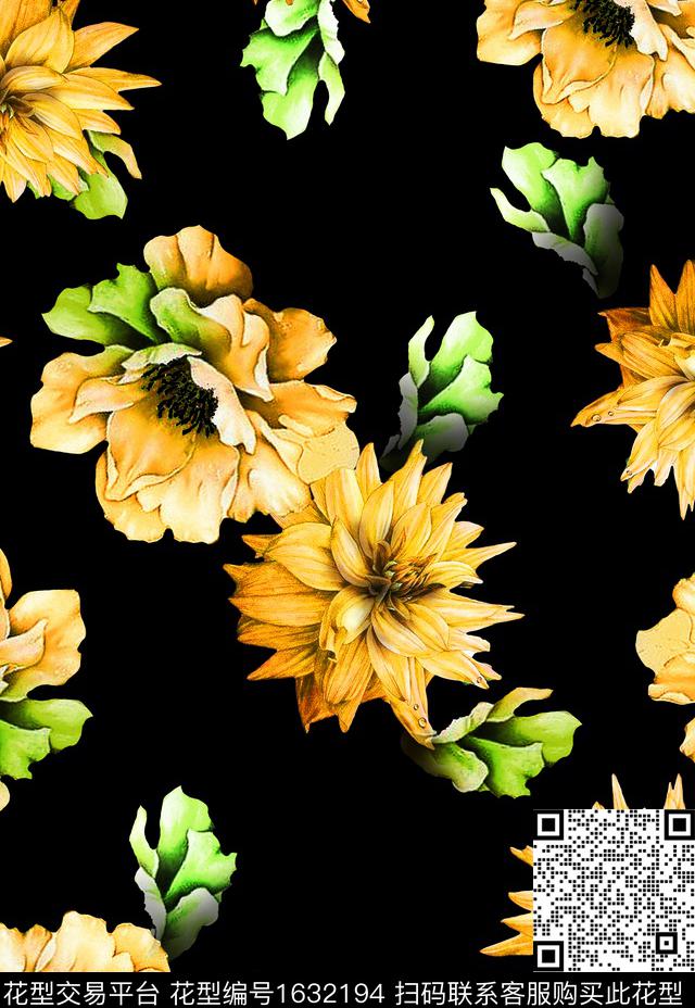 花卉黑底花卉水彩花卉数码印花华亿平台下载（图片编号: 1632194） - 瓦栏（Walan）