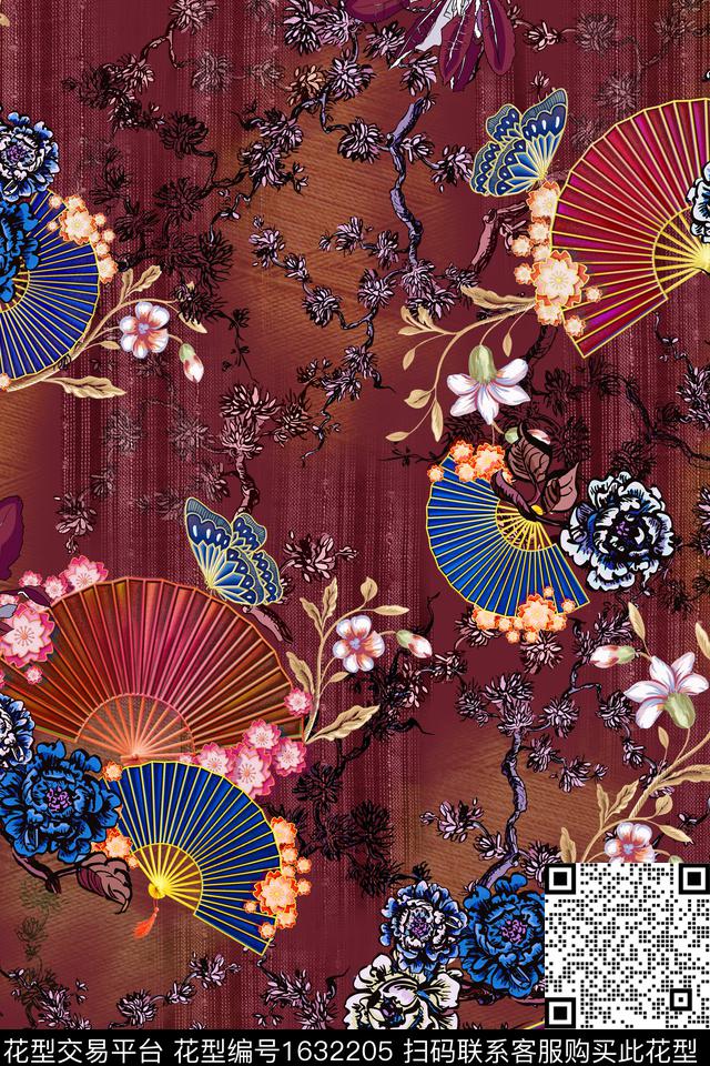 中国风花卉扇子数码印花华亿平台下载（图片编号: 1632205） - 瓦栏（Walan）